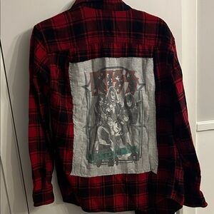 Unisex Red and Black Plaid flannel with Graphic tee Shirt sewn on back medium